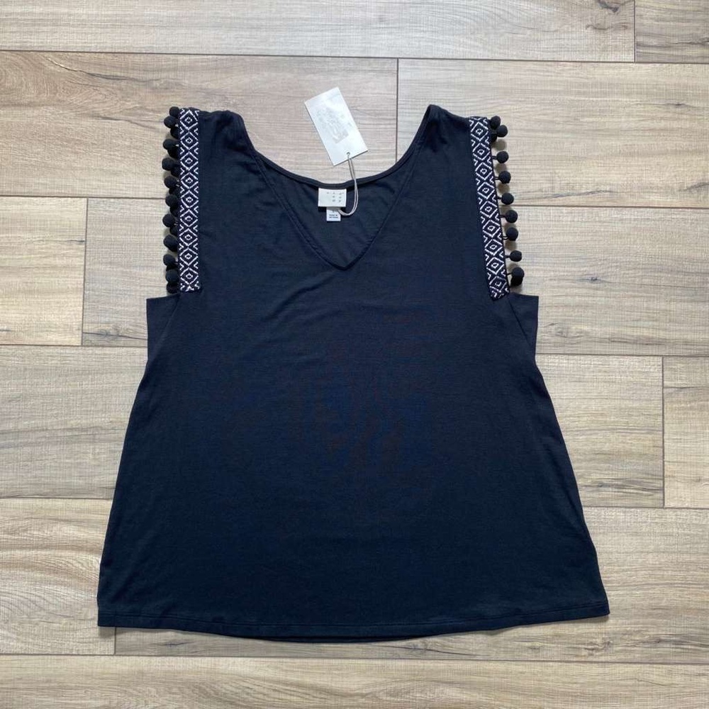 A New Day Women's Pom‎ Pom Trim Accent Tank Top Size Large Black